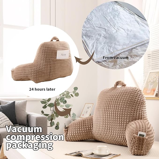 PAJEO Reading Pillow for Sitting in Bed, Large Backrest Reading Pillow with Arm Rest,Back-Rest Support Cushion for Sit Up on Couch, Sofa, and Floor, Dorm Essentials (Khaki Flannel, Standard(17inch))