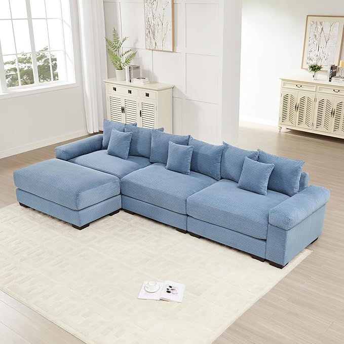 KEIKI 130" L-Shaped Oversized Corduroy Modular Cloud Sectional Sofa with 1 Ottoman, High-Density Foam Cushion, Extra-Thick Armrest, 3-Seater Fluffy Corner Couch with 9 Pillow, for Living Room, Blue