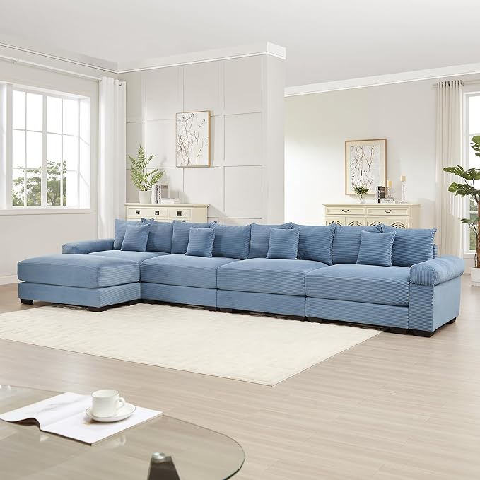 KEIKI 168" L-Shaped Oversized Corduroy Modular Cloud Sectional Sofa with 1 Ottoman, High-Density Foam Cushion, Extra-Thick Armrest, 4-Seater Fluffy Corner Couch with 12 Pillow, for Living Room, Blue