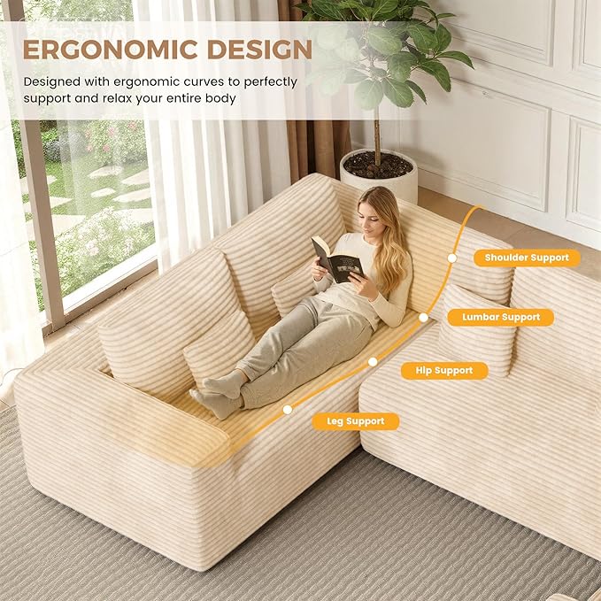136'' Large Sectional Cloud Couches with Chaise, U Shaped Boneless Sofa Bed with Ottoman, No Assembly Required Deep Seat Modular Lounge for Living Room 4PCS Set, Bedroom(Khaki)