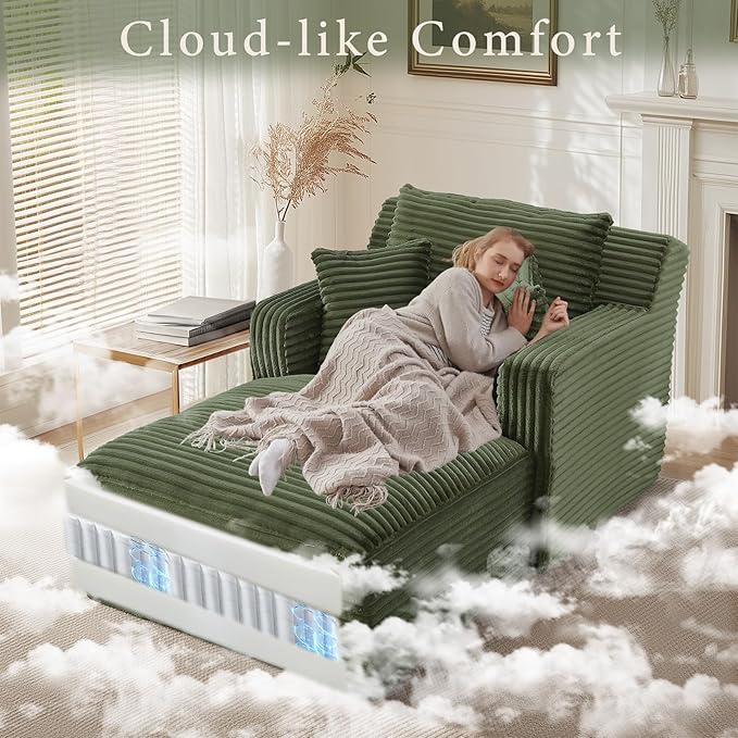 VEPXXP 65.4" Chaise Lounge Chair Indoor, Oversized Boneless Couch Comfy Upholstered Sleeper Sofa Bed with 3 Pillows, Corduroy Cloud Reading Chair for Living Room No Assembly Required, Green