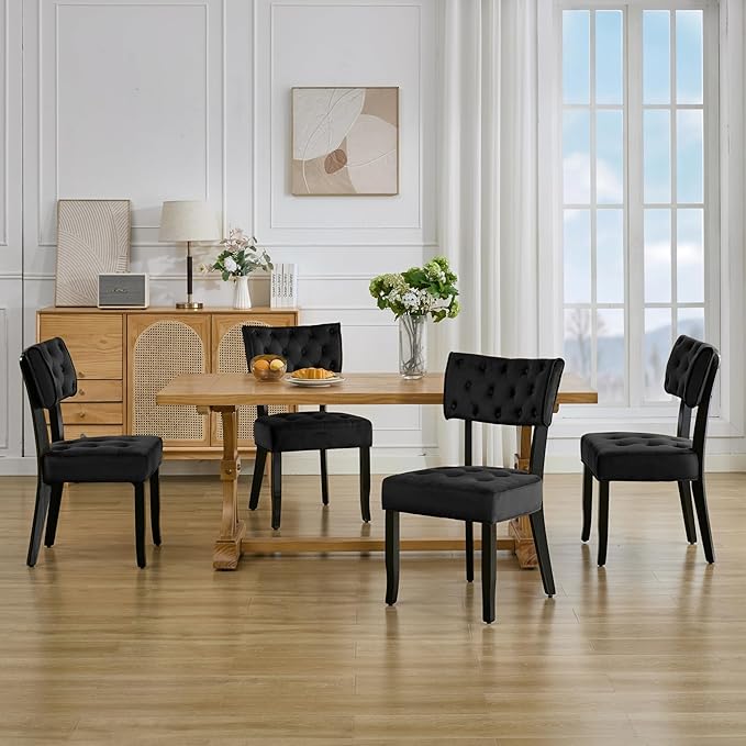 UVV Upholstered Dining Chairs Set of 4, Mid Century Modern Tufted Kitchen Chairs Dining Room Chairs, Velvet Dinner Chair with Wood Legs for Dining Room Kitchen, Black-Black Legs