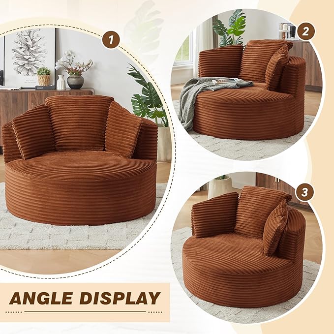 48"W Oversized Round Chaise Longue Chair Indoor,Corduroy Fluffy Comfy Cloud Chair,Circle Bean Bag Sofa with Foam Filling & Pillows,Boneless Reading Cozy Sofa Chairs for Living Room,Bedroom,Orange