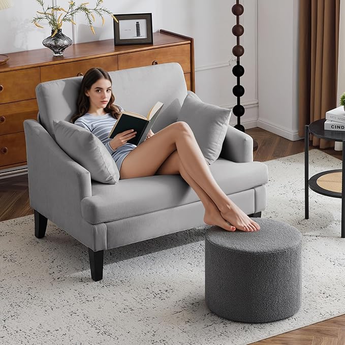 Bezseller Oversized Accent Chair with Ottoman - 33.5'' Wide Seat Comfy Armchair and 2 Pillows, Upholstered Big Reading Chair, Modern Single Sofa Chair for Living Room Bedroom Office, Grey/Grey