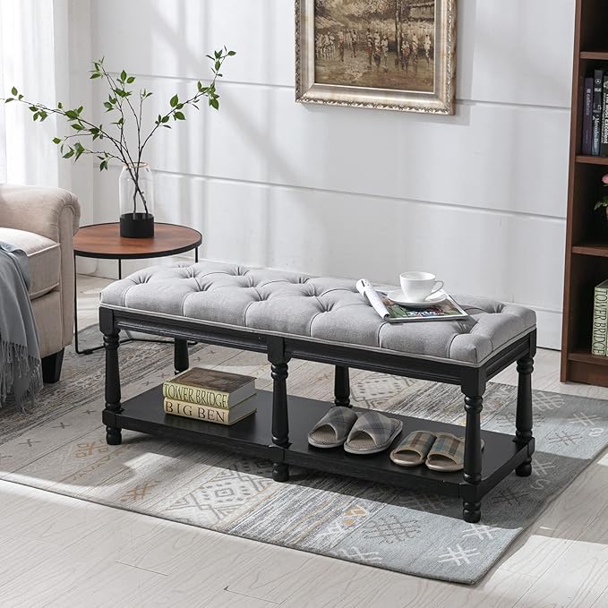 Farmhouse Storage Bench Wooden Entryway Linen Upholstered Ottoman Button Tufted Bench with Black Legs for Bedroom End of Bed Hallway Organizer, Grey, 45 Inch