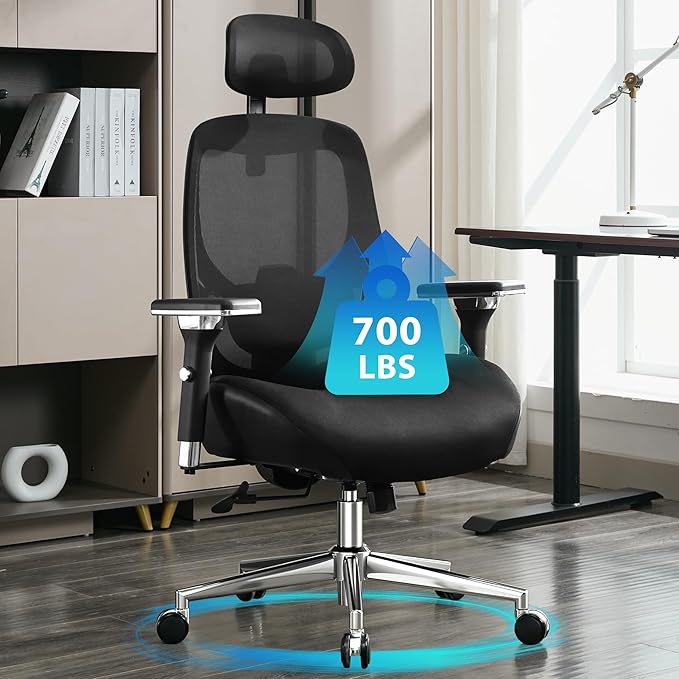 BOSMILLER 700lbs Big and Tall Office Chair with Wide Thick Seat Cushion for Sitting All Day,Ergonomic Mesh Desk Chair with Adjustable Lumbar Support and Headrest for Heavy People,4D Armrests