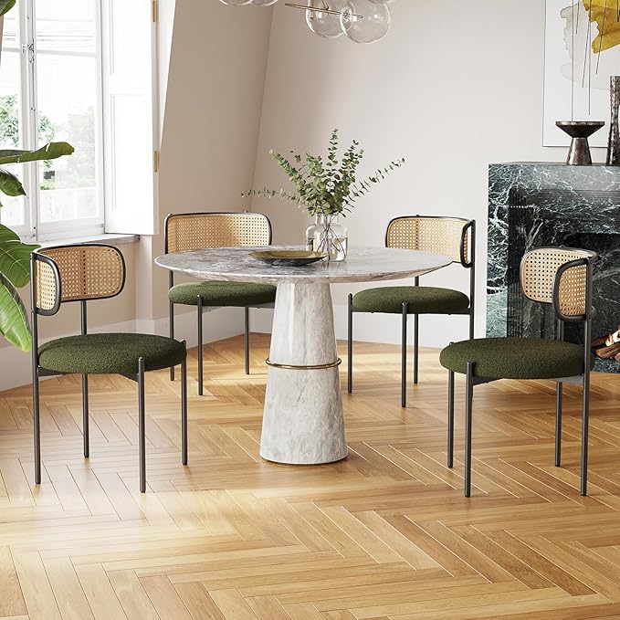 Farini Dining Chairs Set of 2,Mid-Century Modern Kitchen Chair Rattan Backrest Round Upholstered Sherpa Dining Chairs with Metal Legs,Green