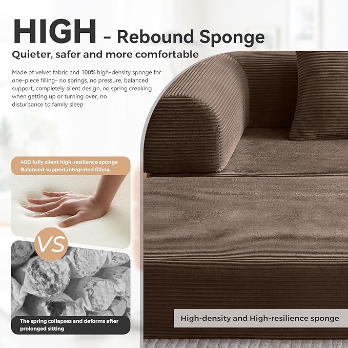 ZQRhome 2026 Upgrade Convertible Sofa Bed, 79 Inch Boneless Couch with Fixed-Shape Frame, Corduroy Fabric with High Backrest, Floor Sofa Modular Futon Couch for Living Room Bedroom Lounge (Brown)