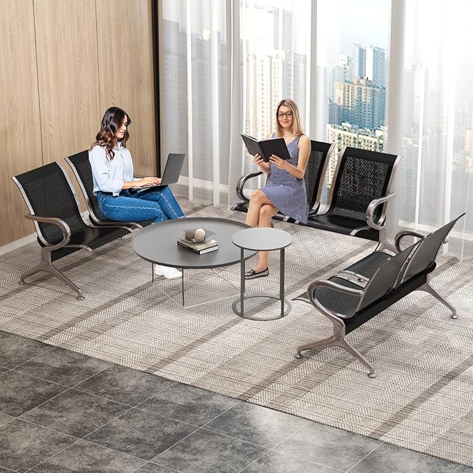 Kinfant 2-Seat Waiting Room Chair Bench Set - Office Guest Benches Reception Chairs with Arms for Airport, Hospital, Bank, Salon, Barbershop, Hall, Room Conference(Black Mesh, Set of 3)