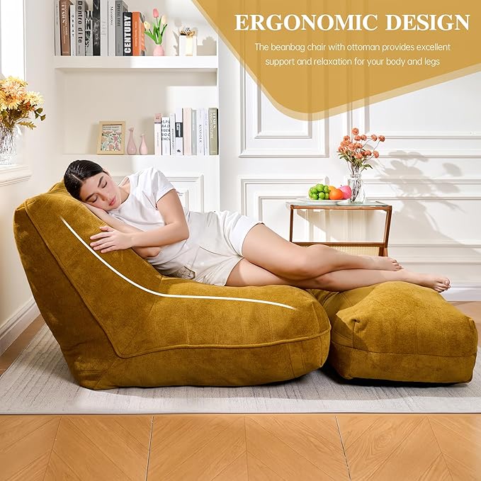Cvortll Bean Bag Chair with Ottoman, Comfy Bean Bag Sofa with Memory Foam, Lazy BeanBag Sofa with Footstool, Fireside Bean Bag Couch for Living Room, Bedroom, Apartment (Yellow)