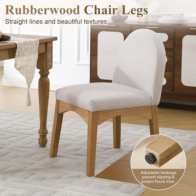 HNY Mid Century Modern Dining Chairs Set of 2, Linen Fabric Upholstered Dining Room Chairs Armless Kitchen Chairs with Solid Rubberwood Legs, Accent Side Chairs for Living Room, Beige
