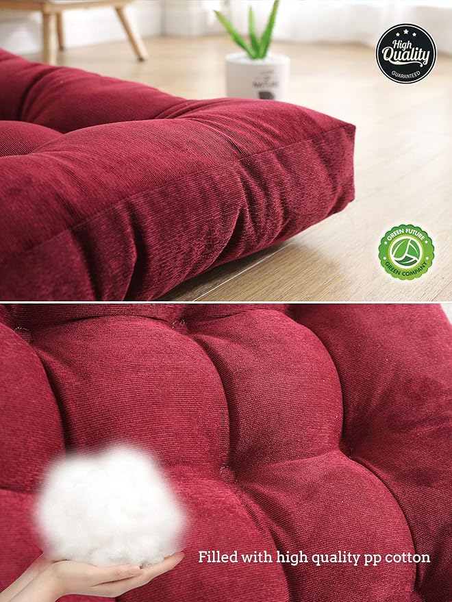 Square Floor Seat Pillows Cushions 22" x 22", Soft Thicken Yoga Meditation Cushion Pouf Tufted Corduroy Tatami Floor Pillow Reading Cushion Chair Pad Casual Seating for Adults & Kids, Wine Red