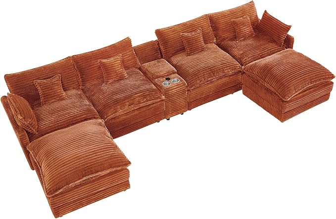 HYJT-H&K 145" U Shaped Cloud Couch Modular Orange Sectional Couches for Living Room, Comfy Fluffy Corduroy Oversized Cloud Sectional Couch Large 6 Seat Sectionals Sofa Set Central Console USB Port