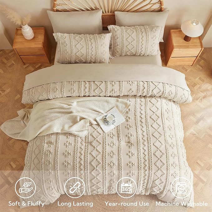 MR&HM Full Size Bed Sheets and Comforter Set Beige, 7 Pieces Tufted Boho Beddding Sets, Farmhouse Style Bed in a Bag with 1 Comforter, 2 Pillow Shams, 2 Pillowcases, 1 Flat Sheet, 1 Fitted Sheet