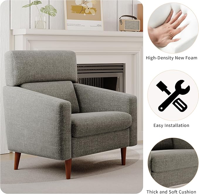 EJUNQ Mid-Century Accent Chair,Fabric Modern Reading Living Room Chairs, Upholstered Armchair with Wood Legs，Cozy Reading Chair for Living Room，Bedroom（Grey