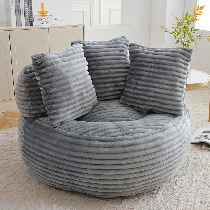 Bean Bag Chair, Corduroy Oversized Chair for Adults, Comfy Big Accent Sofa Lounge Floor Chair, Stuffed Bean Bag Couch for Gaming, Reading, Living Room, Bedroom, Grey