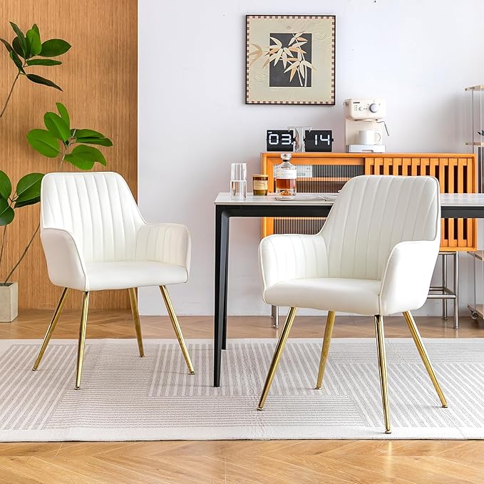Purgreen Faux Leather Dining Chair Set of 6 - Modern Mid-Back Accent Chair with Gold Plating Legs - Comfy Upholstered Chair for Living Room ，Kitchen & Reception Room (Leather Beige, Set of 6)