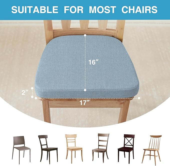 Chair Cushions for Dining Chairs Set of 6, Non Slip Kitchen Chair Pads, 17" x 16" x 2", Indoor Dining Chair Cushions with Ties, D-Shaped Seat Cushions for Kitchen Chairs, Light Blue