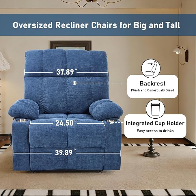 Oversized Recliner Electric Lift Chair, Power Lift Recliner for Big and Tall, 180° Lay-Flat and Assisted Standing, Extra Large Sofa with 8-Point Massage & Heating, Medium-Soft, Blue