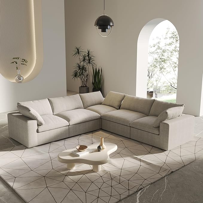 V-Shaped Cloud Sectional Couch, Modular Sectional Sofa, Modern Comfy Cloud Sofa, Covers Removable, Convertible Sleeper Couch for Living Room Apartment (Khaki, Linen Fabric)