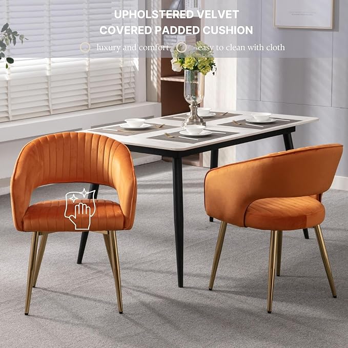 COMULER Orange Velvet Dining Chairs Gold Legs, Modern Dining Room Chairs with Arms Set of 6 Upholstered Accent Chair Armchair with Barrel Back for Kitchen Living Room