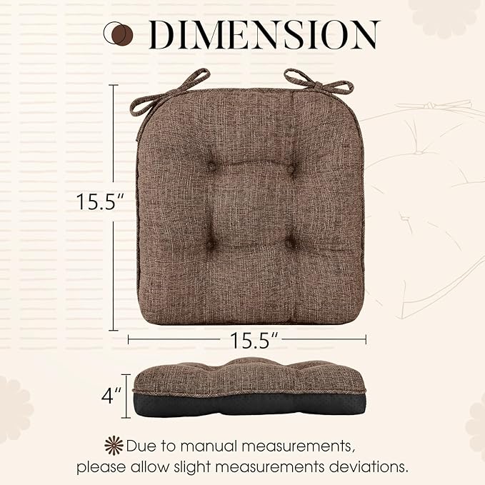 Basic Beyond Chair Cushions for Dining Chairs 6 Pack, Kitchen Chair Cushion with Ties and Non Slip Backing, 15.5 x 15.5 inches Tufted Chair Pads for Dining Chairs, Brown