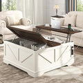 Hlivelood 40” Large Farmhouse Lift Top Coffee Table with Power Outlets and Large Hidden Storage, Square Wood Living Room Tables, Multi-Function Lift Wooden Barn Door Center Table, Rustic White