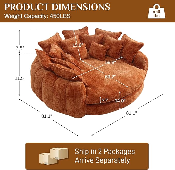 81" Oversized Bean Bag Chair Boneless Round Chaise Lounge Comfy Chenille Reading Chair Fluffy Plush Sofa Bed Large Deep Seat Circle Cloud Couch for Living Room, Bedroom, Apartment, Orange