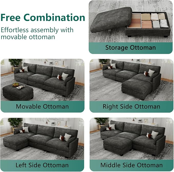 Modular Sectional L Shaped Sofa Couches for Living Room, Cloud Couch with Storage Ottoman, Comfy Chenille Sofa with Pillow, Dark Gray
