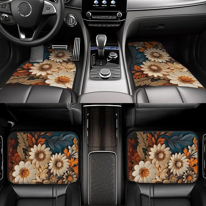 Artistic Fabric Car Floor Mats-Non-Slip Rubber Backing,Flower,Front (26.8x17.3in) & Rear (13x17.3in) Set-Water Absorbing, Durable Automotive Floor Liners with Stylish Patterns