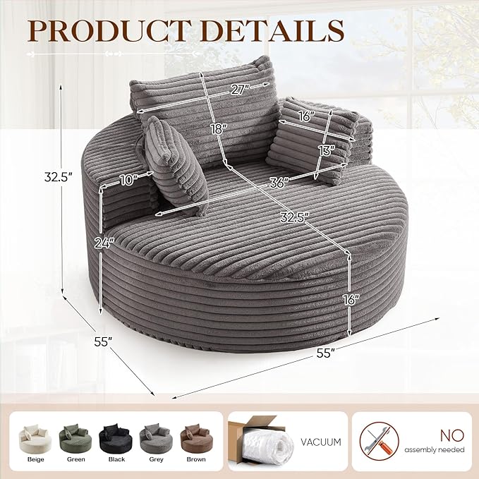 Oversized Round Chaise Longue Chair Indoor, Modern 55-inch Upholstered Corduroy Deep Seat Circle Single Cloud Lounge Floor Sofa Chair for Living Room, Bedroom Apartment, Grey