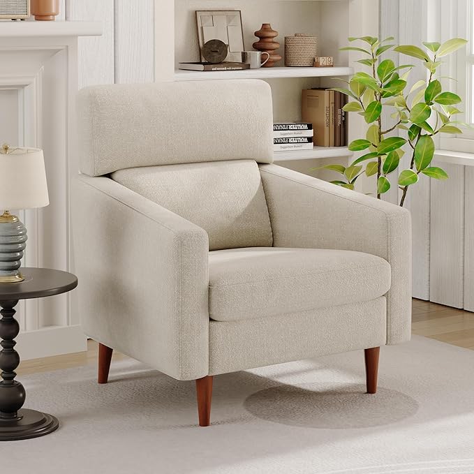 EJUNQ Mid-Century Accent Chair,Fabric Modern Reading Living Room Chairs, Upholstered Armchair with Wood Legs，Cozy Reading Chair for Living Room，Bedroom（Beige