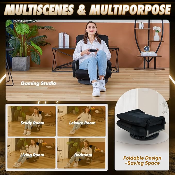 Swivel Gaming Chair 360 Degree Multipurpose Floor Chair w/Armrest & 6 Adjustable Postions Backrest for Adults & Kids, for Reading, Gaming, Watching, Relaxing, Black