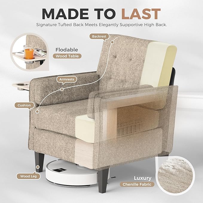 Chenille Accent Chair, Mid Century Modern Arm Chair with Foldable Wooden Side Table & Cup Holder - Comfy Reading Chair for Bedroom,Living Room Chairs,Sofa Chair Set of 2,Beige