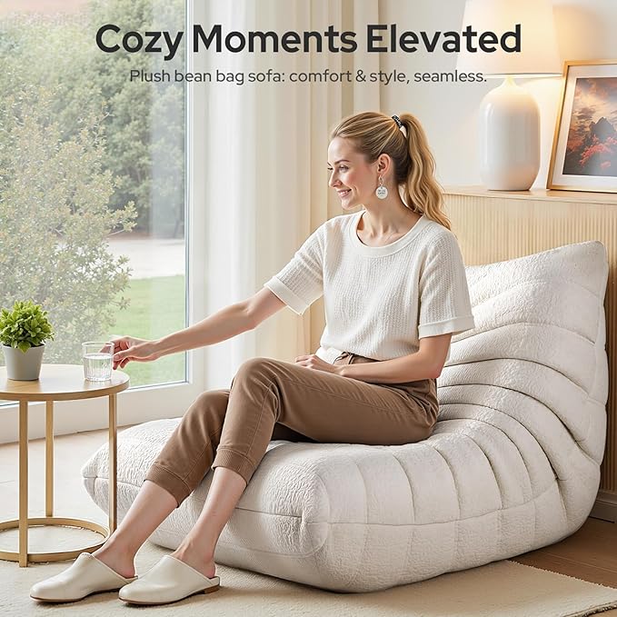 High-end Togo Bean Bag Chair, Fireside Chair with Pure White Jacquard Fabric Cover, Comfy & Soft Lazy Floor Lounge Sofa for Bedroom, Living Room, Office or Salon