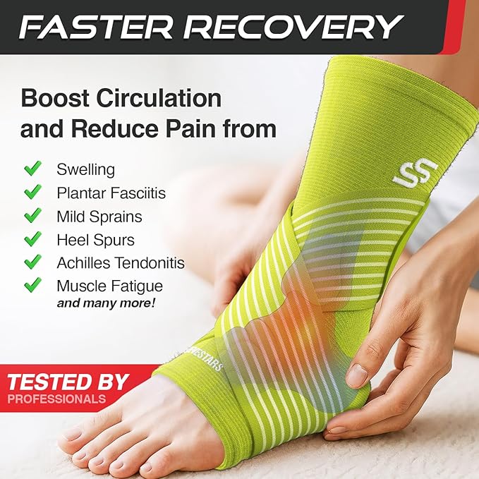 Sleeve Stars Ankle Support for Ligament Damage & Sprained Ankle, Plantar Fasciitis Support & Achilles Tendonitis Pain Relief, Ankle Brace for Women & Men w/Compression Ankle Strap (Single/Neon Green)