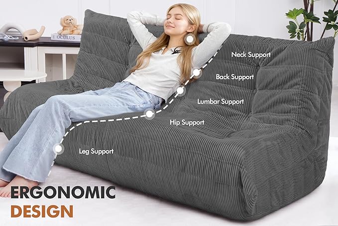 Bean Bag Chair,Giant Beanbag Chairs for Adults,Comfy Large Fireside Chair Lazy Sofa,Corduroy Bean Bag Lounger with Memory Foam Filled,Floor Sofa Couch for Living Room (Dark Grey, 3-Seater)