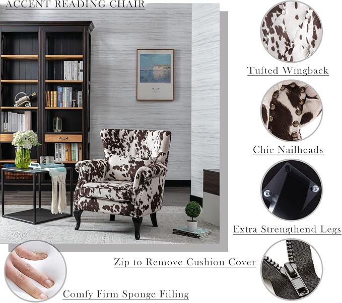 Janoray Mid Century Modern Accent Chair Upholstered Armchair Comfy Cowhide-Print Fabric Single Sofa with Tufted Wingback for Small Spaces Bedroom Living Room, Cow