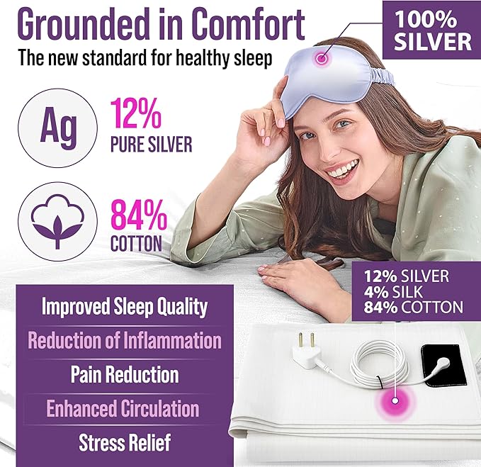 ECOHEAL Grounding Sheet Set - King Size, White Fitted & Flat Sheets with Pillowcases - 12% Silver Fiber, 4% Silk, 84% Cotton - SGS Quality Certified Conductive Bed Grounding Kit for Better Sleep