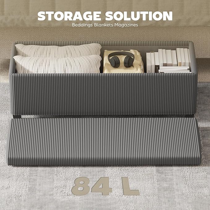 HOMCOM 44 Inches Storage Ottoman Bench, End of Bed Bench with Removable Lid, Legs, Corduroy Storage Chest Foot Rest, Padded Seat, for Living Room, Bedroom, Entryway, Gray
