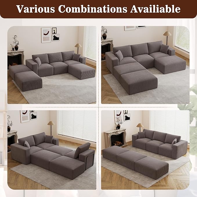 110" Modular Sectional Sofa, Boneless Couch Memory Foam Cloud Couch with Chaise, Cozy Upholstered Corduroy Floor Couch, No Assembly Required Living Room Furniture for Apartment Home, Grey