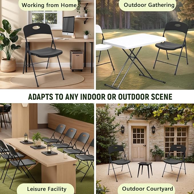 Plastic Folding Chair 4 Pack, Outdoor Sturdy Metal Folding Chairs for Outside Indoor, Portable 350 lbs Capacity Heavy Duty Foldable Commercial Seating for Picnic, Party, Patio, Black