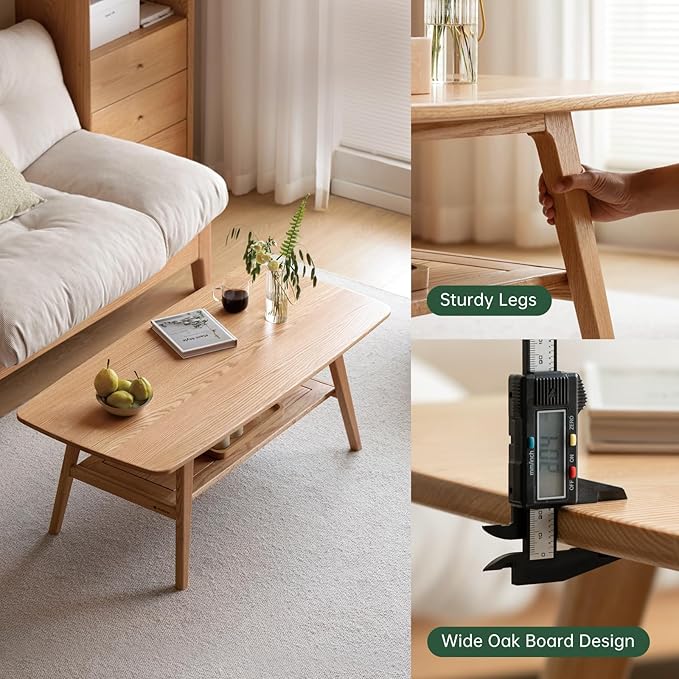 Wayshome 100% Solid Oak Wood Coffee Table for Living Room, 2-Tier Coffee Tables with Shelf Storage, Mid Century Modern Table with Rounded Corners (Natural Colour, 47.24" W x22.05 D x 17.32" H)