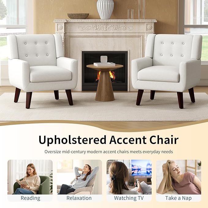 Accent Chairs, Mid-Century Modern Upholstered Living Room Armchair, Comfy Oversized Linen Fabric Single Reading Arm Chair with Tufted Back and Wood Legs for Bedroom, Club (1, Beige)