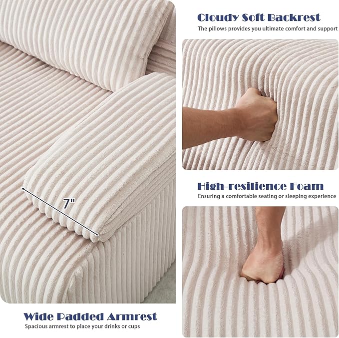 38" Bean Bag Single Chair for Living Room Bedroom, Corduroy Boneless Chair with Armrest and Pillow, Memory Foam Beanbag Couch, Lazy Floor Sofa for Reading Gaming Living Room Bedroom (2, Beige)