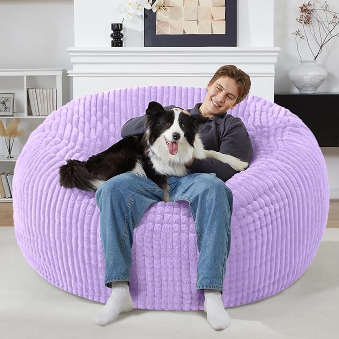 Homguava 6 FT Bean Bag Chair,6' Big Bean Bag,Giant Bean Bag Chairs for Adults with Memory Foam Filled,Comfy Large Beanbag Chairs Soft Bean Bag Sofa with Dutch Corded Plush Cover-Purple