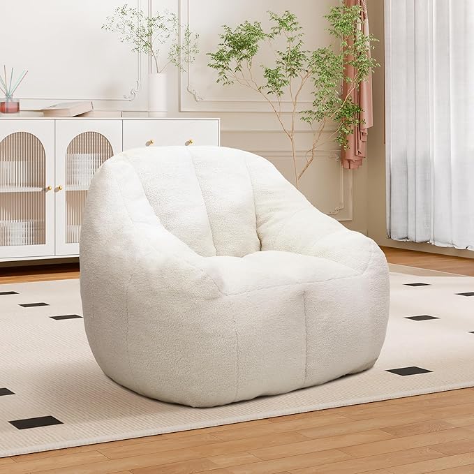 Setawix Bean Bag Chair with Filler, Comfy Teddy Bean Bag Chairs for Adults and Kids, Cozy BeanBag Sofa Fully Floor Couch with Memory Foam for Living Room Bedroom,White