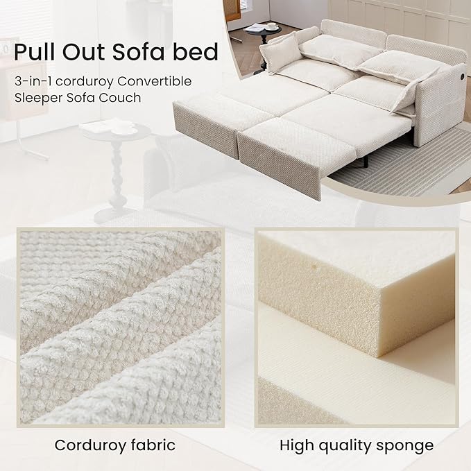 GRAINLLE King Size Pull Out Couch,3-in-1 Corduroy Sleeper Sofa with Pull Out Sofa Bed,USB & Side Storage,Convertible Loveseat Sleeper Couch for Living Room, Bedroom, pet-Friendly(Beige, 73.6'')