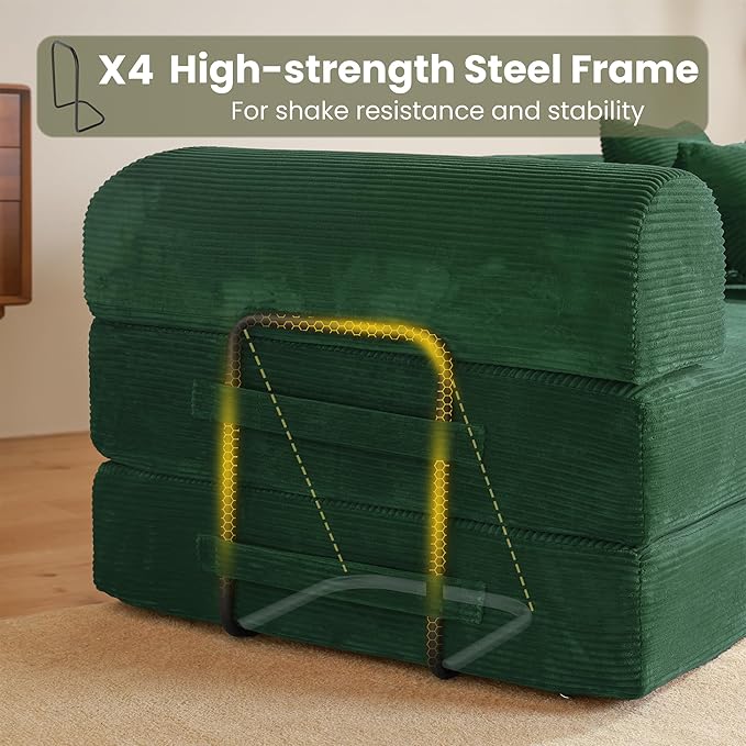 79" Convertible Sofa Bed, Boneless Corduroy Sleeper Foldable Modular Couch, Memory Foam Compressed Sofa, Folding Mattress Floor Couch for Small Space Living Room Apartment Bedroom, Hunter Green