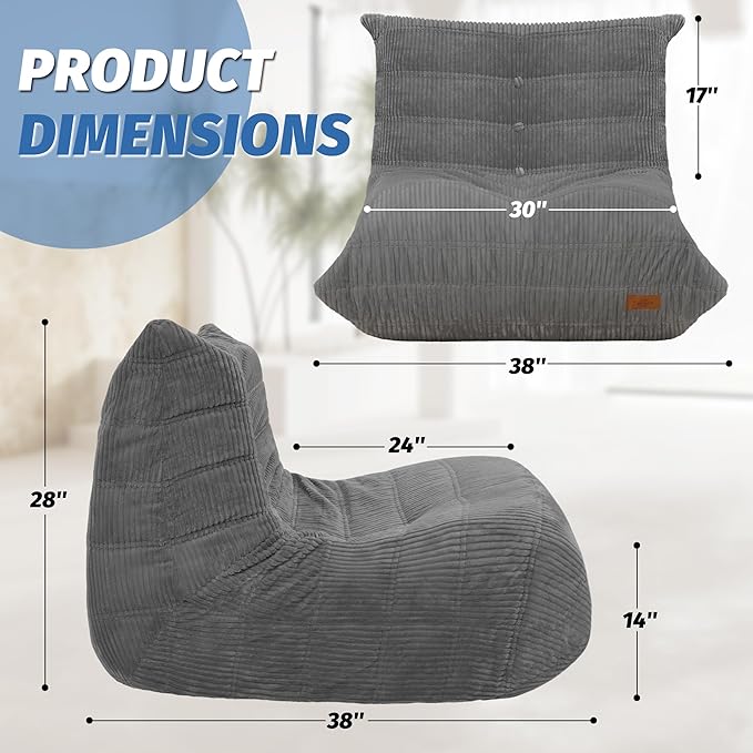 Bean Bag Chair,Giant Beanbag Chairs for Adults,Comfy Large Fireside Chair Lazy Sofa,Corduroy Bean Bag Lounger with Memory Foam Filled,Floor Sofa Couch for Home,Dorm,Living Room (Light Gray)